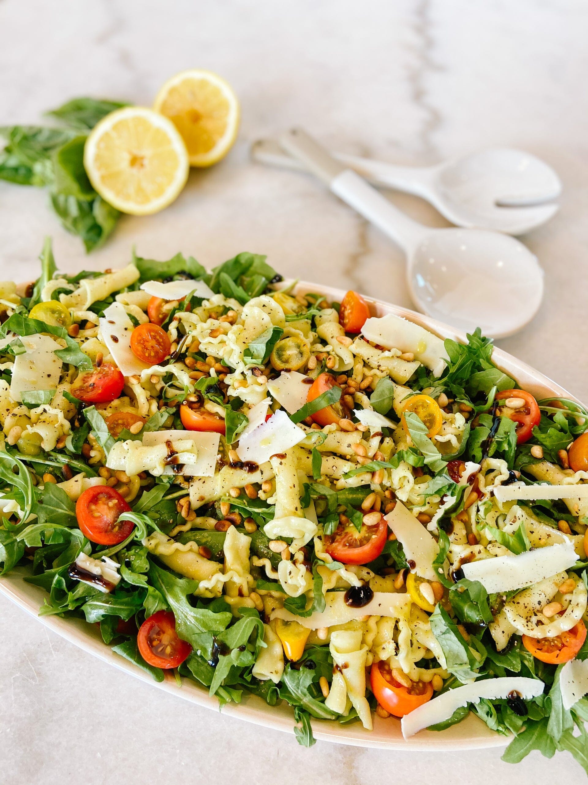 Lemon Arugula Pasta Salad with Pine Nuts Recipe IVL Collective