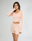 Soft Peach Long Sleeve Cropped Scoop Neck Top + Boxer Pajama Short Bundle IVL Collective 