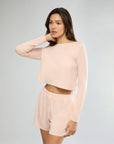 Soft Peach Boatneck Long Sleeve Sleep Tee + Boxer Pajama Short Bundle IVL Collective 