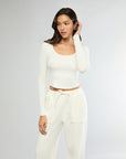 Off White Long Sleeve Cropped Scoop Neck Top + High Rise Jogger Bundle IVL Collective 