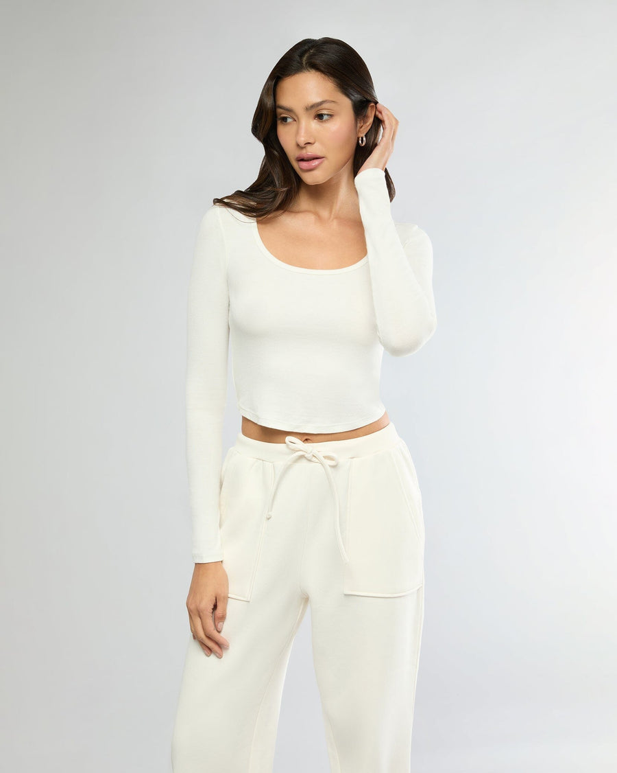 Off White Long Sleeve Cropped Scoop Neck Top + High Rise Jogger Bundle IVL Collective 