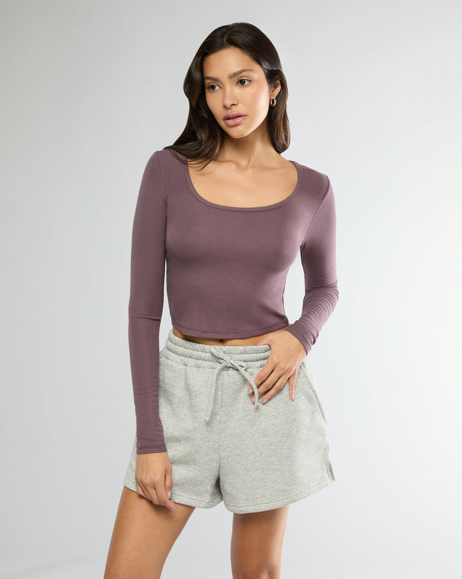 Pepper Long Sleeve Cropped Scoop Neck Top + Heather Grey Pull-on Short Bundle IVL Collective 